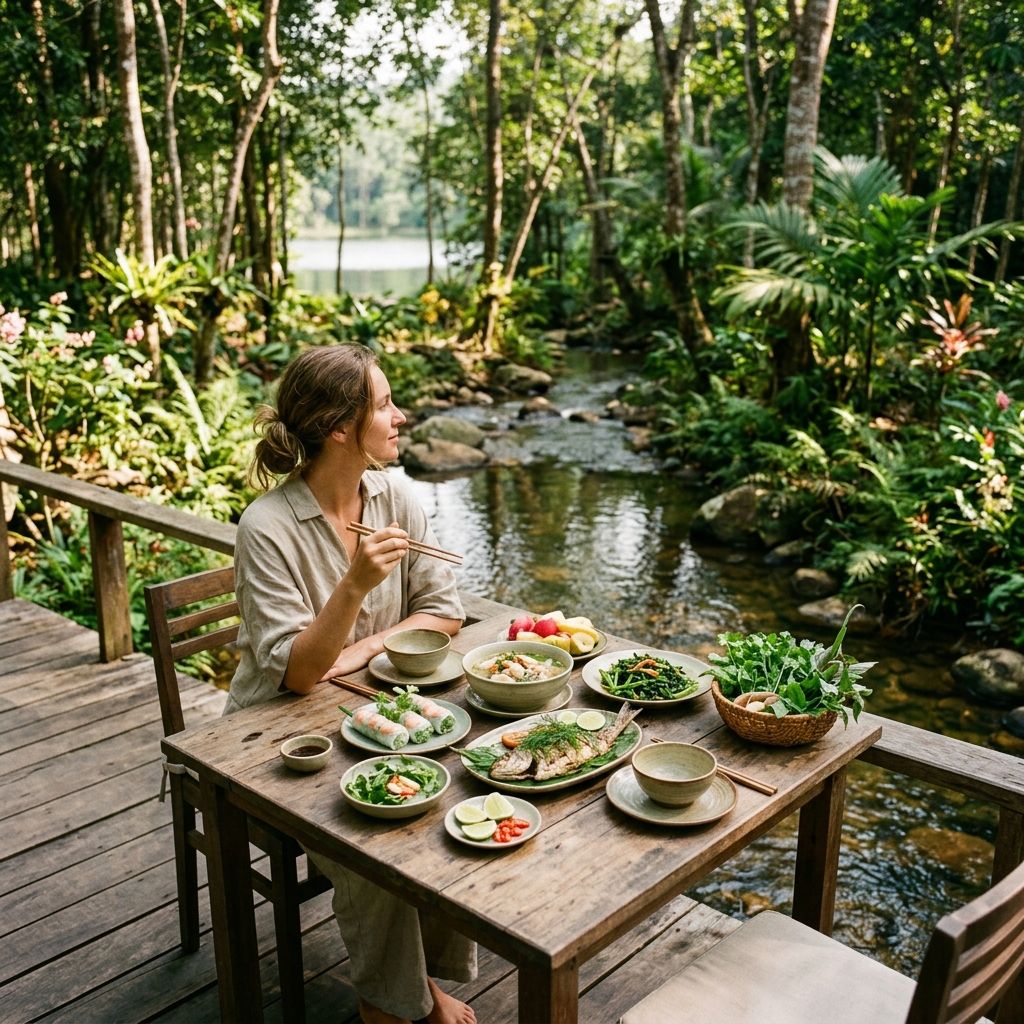 Bàn ăn bên suối giữa rừng